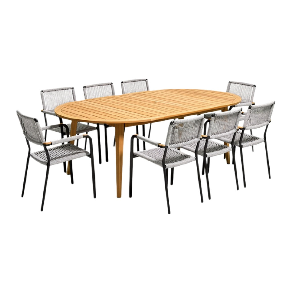 Eettafel met acht stoelen, ovaal houtdesign