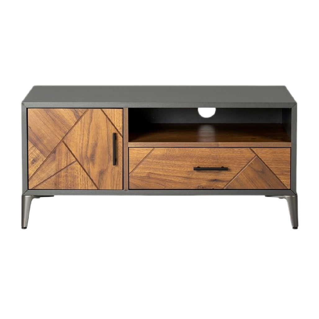 Moderne TV-kast met houtlook en geometrisch ontwerp