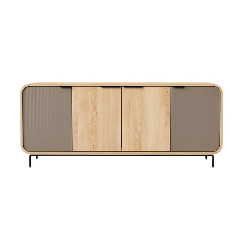 Moderne dressoir met houten afwerking en strakke lijnen
